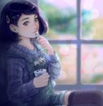  1girl artist_name black_eyes black_hair black_legwear blue_sweater blueberry blurry closed_mouth cup depth_of_field food freckles fruit hair_ornament hairclip heart highres holding holding_cup holding_spoon lens_flare long_sleeves original realistic sillyselly sitting solo suspenders sweater thigh-highs window yogurt 
