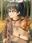  1girl antenna_hair bag baguette bangs bespectacled black-framed_eyewear black_hair blue_eyes blurry bread buttons choker coat collarbone crescent crescent_earrings day depth_of_field earrings female flat_chest food forest ganaha_hibiki glasses hair_ribbon hand_in_pocket holding hoop_earrings idolmaster jewelry kanon_(ayaka666) long_hair looking_away nature open_clothes open_coat outdoors over-rim_glasses paper_bag ponytail ribbon semi-rimless_glasses sleeves_past_elbows smile solo tank_top tree unbuttoned upper_body watch white_ribbon 