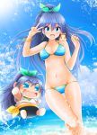  2girls bikini black_hair blue_bikini blue_eyes bracelet chibi chibiki earrings eva_16-gouki fang ganaha_hibiki hamster hamuzou highres hoop_earrings idolmaster jewelry long_hair multiple_girls puchimasu! running splashing striped striped_bikini swimsuit v_over_eye 