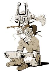  1boy 1girl blush game_console link long_hair looking_at_viewer midna monochrome pointing pointy_ears short_hair tak_(karasuki) the_legend_of_zelda the_legend_of_zelda:_twilight_princess wii_u 