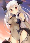  1girl ass_visible_through_thighs bangs blush borrowed_character breasts clouds colo_mag-chan covered_navel elbow_gloves gloves granblue_fantasy hair_between_eyes horns leotard long_hair looking_at_viewer maccha medium_breasts original pointy_ears red_eyes sky solo thigh-highs white_hair 