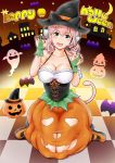  1girl animal_ears bare_shoulders blush breasts bridal_gauntlets cat_ears cat_tail cleavage fang ganari_ryuu gloves green_eyes halloween halloween_costume happy_halloween hat headphones headset highres jack-o&#039;-lantern large_breasts long_hair looking_at_viewer open_mouth original pink_hair pumpkin_skirt smile solo super_tama_musume tail tamatoys witch_hat 