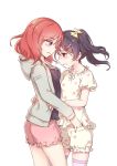  2girls bangs black_hair blush bow face-to-face flower frilled_shorts frills hair_bow hair_flower hair_ornament hairpin hand_in_pants hood hooded_jacket hug jacket kyomono_(hjxop) long_sleeves looking_at_another love_live! love_live!_school_idol_project multiple_girls nishikino_maki pajamas pink_legwear red_eyes redhead short_sleeves shorts simple_background star star_print sweatdrop thigh-highs twintails violet_eyes white_background yazawa_nico yellow_bow yuri 