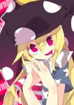  1girl aki_maki_yuu alternate_headwear_color american_flag_shirt bangs blonde_hair clownpiece fingers_together hat highres jester_cap long_hair looking_at_viewer neck_ruff open_mouth polka_dot red_background red_eyes solo touhou very_long_hair 