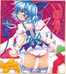  1girl ass blue_eyes blue_hair blush bow cirno dress dress_lift from_behind grin hair_bow ice ice_wings izayoi_gekka panties puffy_short_sleeves puffy_sleeves short_dress short_sleeves smile striped striped_legwear teeth thigh-highs touhou traditional_media underwear wings 