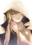  1girl :d bangs blonde_hair blush cross cross_necklace habit hair_between_eyes head_tilt holding_hand jewelry kazutake_hazano light_particles long_hair long_sleeves necklace nun open_mouth original out_of_frame pov_hands smile solo_focus tears upper_body veil wide_sleeves yellow_eyes 