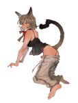  1girl animal_ears aruterra ass brown_hair cat_ears cat_tail highres open_mouth original pants_pull short_hair simple_background solo tail white_background 
