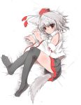  1girl animal_ears bare_shoulders black_legwear detached_sleeves hat inubashiri_momiji pom_pom_(clothes) red_eyes short_hair silver_hair solo tail thigh-highs tokin_hat touhou wide_sleeves wolf_ears wolf_tail 