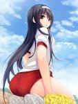  1girl ass black_hair blurry clouds cloudy_sky coffee-kizoku depth_of_field gym_uniform hairband highres long_hair looking_back original outdoors parted_lips pom_poms seiza shiramine_rika sitting sky solo violet_eyes 
