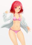  1girl bikini breasts collarbone eyebrows eyebrows_visible_through_hair grey_background groin highres jacket long_hair love_live! love_live!_school_idol_project navel nishikino_maki off_shoulder open_clothes open_jacket pink_bikini redhead short_hair simple_background small_breasts solo swimsuit takahirokun violet_eyes white_jacket 