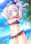  1girl armpits arms_behind_head beach bikini bikini_skirt black_bikini_top blue_eyes breasts collar izumi_akane kantai_collection kashima_(kantai_collection) long_hair looking_at_viewer medium_breasts navel ocean shiny shiny_hair shiny_skin silver_hair smile solo sparkle_background standing sunlight swimsuit tree twintails twitter_username white_bikini_bottom 