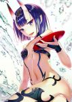  1girl alcohol breasts cleavage el-zheng fate/grand_order fate_(series) horns impossible_clothes looking_at_viewer purple_hair revealing_clothes sakazuki sake shuten_douji_(fate/grand_order) small_breasts solo 
