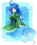  1girl alternate_hair_length alternate_hairstyle blue_eyes blue_hair breasts head_fins highres japanese_clothes juliet_sleeves kimono kuroshiroduet long_hair long_sleeves low-tied_long_hair medium_breasts mermaid obi open_mouth puffy_sleeves sash smile touhou wakasagihime 