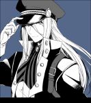  1boy adjusting_clothes adjusting_hat belt blue_background gloves hat high_collar idolmaster idolmaster_side-m koron_chris long_hair looking_at_viewer monochrome peaked_cap simple_background skk smile solo upper_body 