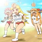  3girls bread buruma cuffs fang fangs food horns hoshiguma_yuugi ibaraki_kasen ibuki_suika jumping long_hair multiple_girls red_eyes running shackles shirosato sports_festival touhou 