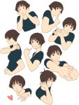 1girl arm_up blush brown_eyes brown_hair fingers_together gake_no_ue_no_ponyo hand_on_own_face hand_on_own_shoulder hands_on_own_face highres jas multiple_views one_eye_closed risa_(ponyo) shirt short_hair t-shirt thumbs_up upper_body white_background 