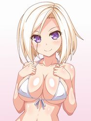  1girl bikini blonde_hair breasts collarbone f_1chan large_breasts micro_bikini navel riyo_sylvie shiny shiny_skin smile solo swimsuit upper_body venus_eleven_vivid! violet_eyes 