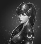  1girl bodysuit breasts center_opening cleavage closed_mouth collarbone from_side head_mounted_display highres lips lipstick long_hair looking_at_viewer makeup medium_breasts monochrome nose overwatch pauldrons ponytail realistic shoulder_pads solo turtleneck upper_body visor widowmaker_(overwatch) 