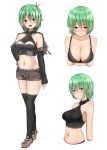  1girl arm_warmers bare_shoulders baretto_(karasi07) black_legwear blue_eyes blush breasts cleavage commentary_request elf fingerless_gloves gloves green_hair hand_on_hip highres large_breasts looking_at_viewer navel open_mouth original pointy_ears short_hair simple_background solo stomach variations white_background 