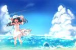  1girl black_hair blue_sky breasts brown_eyes cleavage clouds dress hat long_hair marine_day miturousoku ocean open_mouth original partially_submerged sky smile solo sun_hat white_dress 