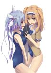  2girls between_breasts blue_hair breasts clothes_writing fang hair_ribbon hairband i-19_(kantai_collection) i-26_(kantai_collection) ichiman_nisen_yen kantai_collection large_breasts light_brown_eyes light_brown_hair long_hair looking_at_viewer multiple_girls name_tag new_school_swimsuit one-piece_swimsuit open_mouth red_eyes ribbon sailor_collar school_swimsuit short_sleeves smile swimsuit swimsuit_under_clothes torpedo twintails two-tone_hairband two_side_up 