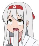  1girl drooling green_eyes hairband japanese_clothes kantai_collection long_hair masara open_mouth red_hairband saliva shoukaku_(kantai_collection) simple_background solo upper_body white_background white_hair 
