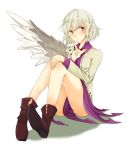  1girl black_shoes bow bowtie braid dress eyebrows eyebrows_visible_through_hair grey_jacket index_finger_raised kishin_sagume konnyaku_(yuukachan_51) long_sleeves looking_to_the_side no_panties purple_dress red_bow red_bowtie red_eyes shadow shoes short_hair silver_hair simple_background single_wing sitting solo touhou white_background wings 