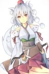  1girl absurdres animal_ears bare_shoulders biwa_(masatyoru) breasts detached_sleeves hat highres inubashiri_momiji pom_pom_(clothes) red_eyes short_hair silver_hair simple_background solo sword tail tokin_hat touhou weapon white_background wide_sleeves wolf_ears wolf_tail 