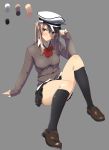  1girl adjusting_clothes adjusting_hat alternate_costume black_legwear blonde_hair blue_eyes blush bow bowtie cardigan color_guide full_body graf_zeppelin_(kantai_collection) grey_background hat kantai_collection kneehighs loafers long_sleeves peaked_cap pleated_skirt shoes sitting skirt solo touyama_eight twintails 