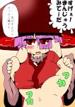  1girl bowl bowl_hat breast_hold breasts chichiue covered_nipples eyebrows eyebrows_visible_through_hair hat highres japanese_clothes kimono large_breasts looking_at_viewer minigirl purple_hair red_eyes sukuna_shinmyoumaru touhou translation_request wide_sleeves 