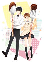  1boy 1girl aki_nattsu apron black_hair black_legwear brown_hair chocolate copyright_name fork higashida_daisuke highres miyakoshi_hana short_hair spoon waiter waitress working!! working!!_(web_manga) 