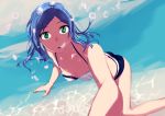  1girl air_bubble bikini blue_hair breasts green_eyes kana_(peropepero) long_hair looking_at_viewer medium_breasts parted_lips self_shot solo swimsuit underwater water 