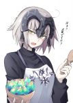  1girl ahoge apron black_shirt blonde_hair bowl breasts commentary_request fate_(series) giving headgear jeanne_alter long_sleeves medium_breasts mobu open_mouth rice_spoon ruler_(fate/apocrypha) shirt short_hair simple_background solo spoon translation_request upper_body white_background wooden_spoon 