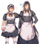  2boys alternate_costume apron bow brown_hair closed_eyes crossdressinging enmaided hand_on_hip izumi-no-kami_kanesada long_hair maid maid_apron maid_headdress multiple_boys mutsu-no-kami_yoshiyuki okki2012 open_mouth simple_background skirt smile squiggle thigh-highs touken_ranbu very_long_hair white_background white_legwear 