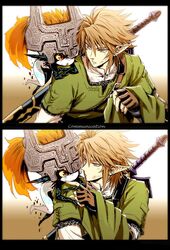  1boy 1girl 2koma black_eyes blonde_hair blush comic link long_hair midna orange_hair pointy_ears short_hair tak_(karasuki) the_legend_of_zelda the_legend_of_zelda:_twilight_princess 