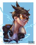  1girl :d bangs blizzard_(company) bomber_jacket brown_eyes brown_hair brown_jacket collarbone copyright_name fur_trim goggles grin harness highres jacket nose open_mouth overwatch pink_lips short_hair smile solo spiky_hair strap swept_bangs teeth tracer_(overwatch) upper_body 