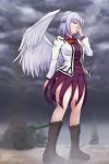  1girl albino bare_legs boots bow bowtie braid breasts cross-laced_footwear dress french_braid highres jacket kishin_sagume lace-up_boots large_breasts long_sleeves purple_dress red_eyes short_dress single_wing touhou usutominsutaa white_hair wings 