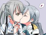  2girls ahoge blue_bow blue_bowtie bow bowtie braid buttons closed_eyes commentary_request gatakao grey_hair hair_ornament hair_ribbon heart kantai_collection kasumi_(kantai_collection) kiss kiyoshimo_(kantai_collection) long_hair multiple_girls neck_ribbon remodel_(kantai_collection) ribbon school_uniform shirt side_ponytail silver_hair simple_background white_ribbon white_shirt yellow_eyes yellow_ribbon yuri 