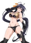  1girl absurdres arm_up black_hair black_legwear breasts full_body groin high_ponytail high_school_dxd highres himejima_akeno large_breasts long_hair looking_at_viewer navel pink_eyes simple_background solo thigh-highs torn_clothes under_boob very_long_hair white_background 