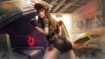  1girl ass bangs baseball_cap belt black_gloves black_shorts brown_eyes brown_hair camouflage casual charm_(object) cowboy_shot d.va_(overwatch) dated facepaint facial_mark fingerless_gloves from_behind glasses glasses_removed gloves grin gun han_byeol_lee handgun hat headphones highres indoors korean_flag lipstick long_hair looking_at_viewer looking_back makeup mecha meka_(overwatch) overwatch red_lips red_lipstick sheath sheathed shirt short_shorts shorts signature smile solo swept_bangs thighs weapon whisker_markings woodland_pattern 