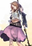  1girl breasts brown_eyes brown_hair dango food futatsuki_eru highres holding holding_weapon long_hair looking_at_viewer navel open_mouth original polearm simple_background solo teeth wagashi weapon white_background 