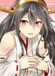  1girl artist_name black_hair breasts brown_eyes dated detached_sleeves eyebrows eyebrows_visible_through_hair gradient gradient_background hair_between_eyes hair_ornament hairclip hands_on_own_chest haruna_(kantai_collection) headgear highres kamelie kantai_collection large_breasts long_hair looking_at_viewer nontraditional_miko pink_background red_background remodel_(kantai_collection) solo 