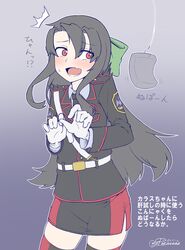  1girl artist_name black_hair blush bow eyebrows eyebrows_visible_through_hair hair_bow highres military military_uniform necktie original paravene patches red_eyes skirt surprised thigh-highs translation_request uniform 