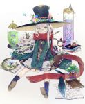  1girl amulet bag bangs bear_print bird black_hat black_legwear blue_flower bonsai book book_stack bow brown_shoes butterfly cardigan cat closed_mouth commentary compass crow crystal cup dangmill dress earrings feathers fireflies flower food fringe fruit full_body glass glasses green_eyes hairband hat hat_flower hat_ribbon holding holding_book jewelry legs_apart light_particles liquid long_hair long_sleeves looking_at_viewer mug necklace open_book open_cardigan open_clothes original oversized_object pendant pigeon-toed pink_flower plaid plaid_dress plant potted_plant quill red_ribbon red_scarf ribbon round_glasses scarf scroll semi-rimless_glasses shoe_soles shoes short_dress shoulder_bag sitting socks striped striped_bow striped_ribbon test_tube transparent tree under-rim_glasses v_arms very_long_hair vines wand white_background white_hair witch yellow_flower 