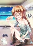 1girl :d absurdres air_conditioner alternate_costume bare_shoulders beach black_legwear blue_sky blush brown_hair clouds collarbone controller dualshock food game_controller gamepad glasses highres ice_cream ice_cream_cone indoors kantai_collection long_hair looking_at_viewer mochizuki_(kantai_collection) ocean off_shoulder open_mouth panties picture_(object) red-framed_eyewear sand semi-rimless_glasses shirt short_sleeves sitting sky smile solo thigh-highs translated under-rim_glasses underwear water white_panties yuki_kawachi 