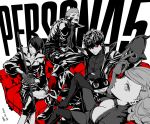  1girl 3boys ;p black_hair boots breasts cat cleavage copyright_name couch crossed_legs domino_mask gloves grin hair_ornament hairclip holding holding_mask kitagawa_yuusuke kurusu_akira limited_palette mask mask_removed morgana_(persona_5) multiple_boys one_eye_closed persona persona_5 popped_collar red_eyes red_gloves saitou_rokuro sakamoto_ryuuji simple_background sitting smile takamaki_ann tongue tongue_out twintails white_background wing_collar 