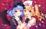  2girls :d artist_name bangs bare_shoulders bat_wings black_hat blonde_hair blue_hair blush bow breasts collar cross-laced_footwear crystal detached_sleeves diamond_(shape) eyebrows eyebrows_visible_through_hair fang fingernails flandre_scarlet frilled_sleeves frills halterneck hat hat_bow hat_ribbon heart long_fingernails looking_at_viewer matatabi_maru mob_cap multiple_girls one_side_up open_mouth pink_ribbon pointy_ears puffy_sleeves red_background red_bow red_eyes red_ribbon remilia_scarlet ribbon short_hair short_sleeves siblings sisters small_breasts smile symmetrical_hand_pose symmetrical_pose touhou upper_body wavy_hair white_hat wings wrist_cuffs 