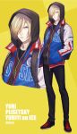  1boy animal_print artist_name backpack bag character_name full_body hair_over_one_eye hands_in_pockets hood hoodie hr_jam jacket looking_at_viewer open_clothes open_jacket pout solo yellow_background yuri!!!_on_ice yuri_plisetsky 