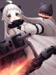  1girl absurdres ahoge burning_eyes cannon collar dress enemy_aircraft_(kantai_collection) highres horns kantai_collection long_hair mittens northern_ocean_hime open_mouth orange_eyes shikirito shinkaisei-kan smile solo spiked_collar spikes white_dress white_hair white_skin 