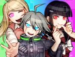  1boy 2girls ;d ahoge akamatsu_kaede android bangs beamed_quavers black_hair blonde_hair blue_eyes blunt_bangs bow crochet dangan_ronpa finger_to_mouth gradient gradient_background grey_hair hair_ornament hairclip harukawa_maki keebo locked_arms mole mole_under_eye multiple_girls musical_note musical_note_hair_ornament new_dangan_ronpa_v3 one_eye_closed open_mouth parted_bangs pink_eyes quaver red_eyes rokuichi_(bluelamp61) school_uniform scrunchie serafuku signature simple_background smile twintails upper_body v 